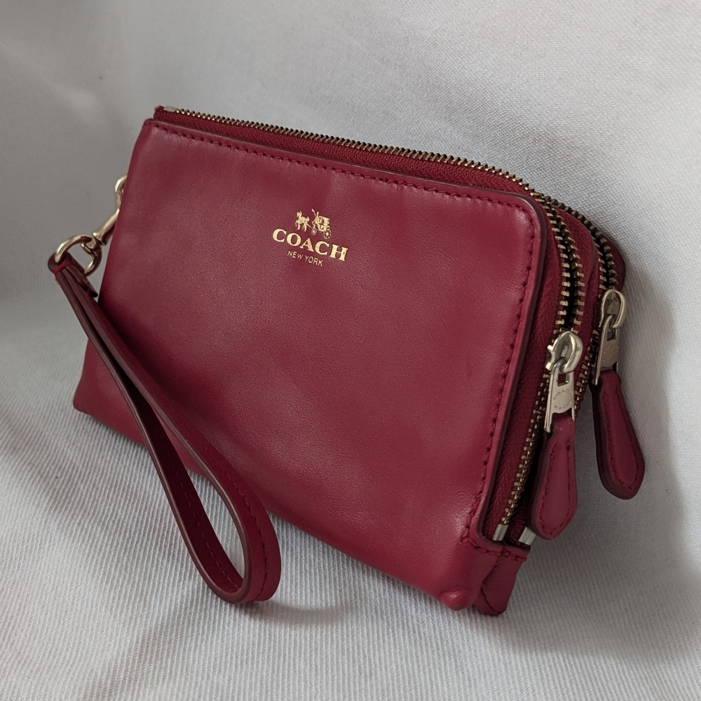 Compact Size Coach Dark Red Wristlet With Double Corner Zip Closures for Women